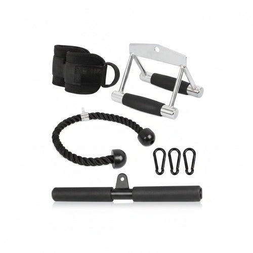 Set de accesorios para polea: cuerda, maneral, barra y tobilleras