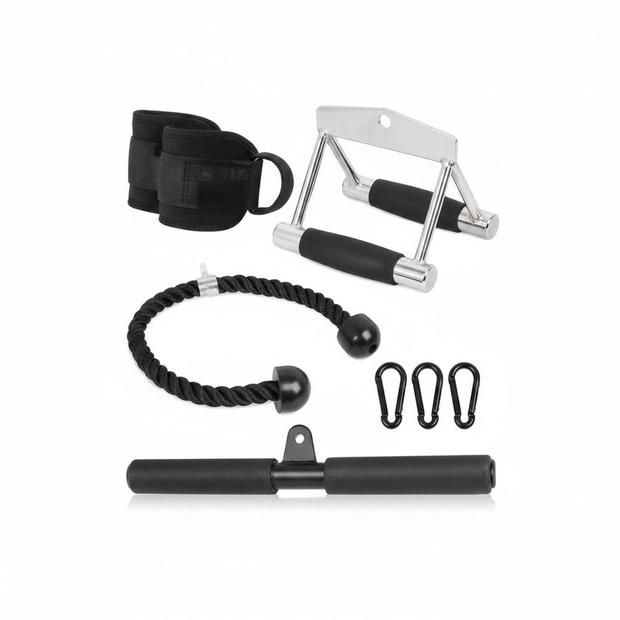 Set de accesorios para polea: cuerda, maneral, barra y tobilleras