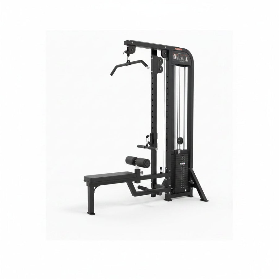 Máquina de jalón al pecho y remo bajo de placas (152 × 82 cm)